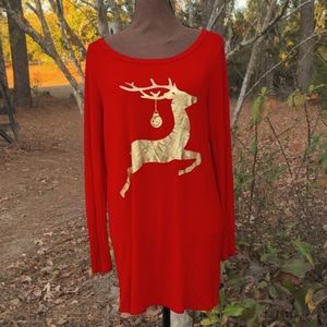 Twenty Second Intimate Sleepwear Red Scoop Neck Ling Sleeves Gold Foil Reindeer
